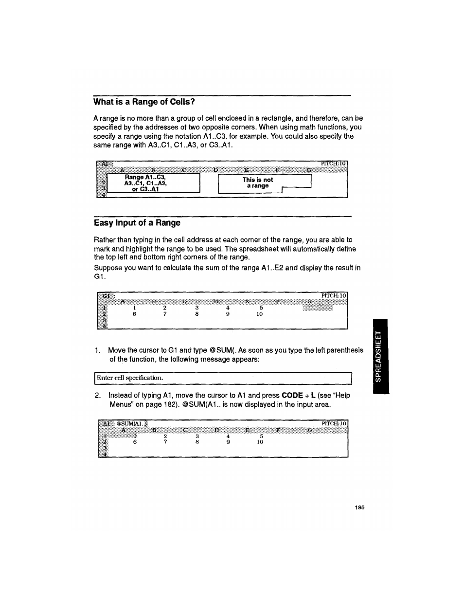 What is a range of cells, Easy input of a range, Ílií | Brother WP330MDS User Manual | Page 205 / 322