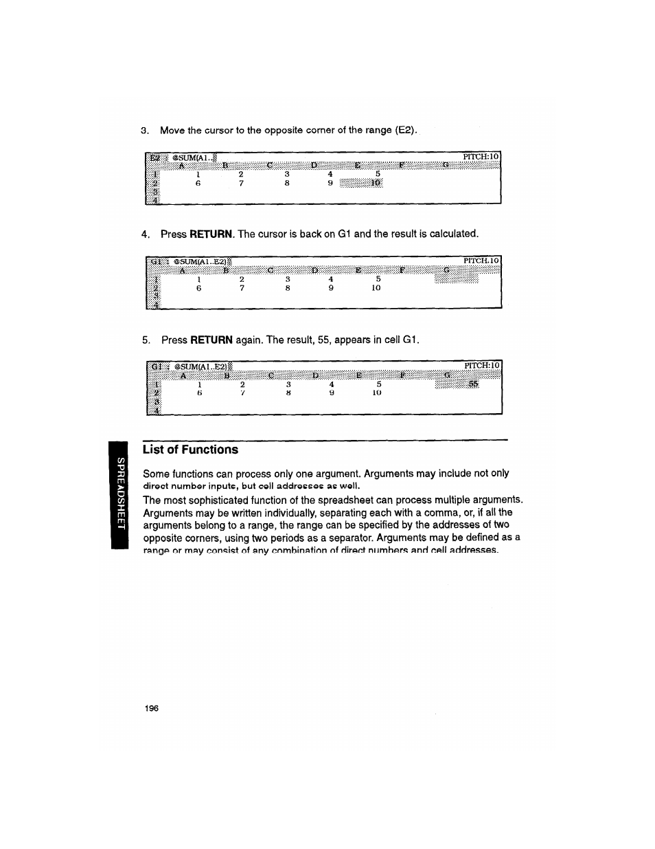 List of functions, And cell addresses | Brother WP330MDS User Manual | Page 206 / 322