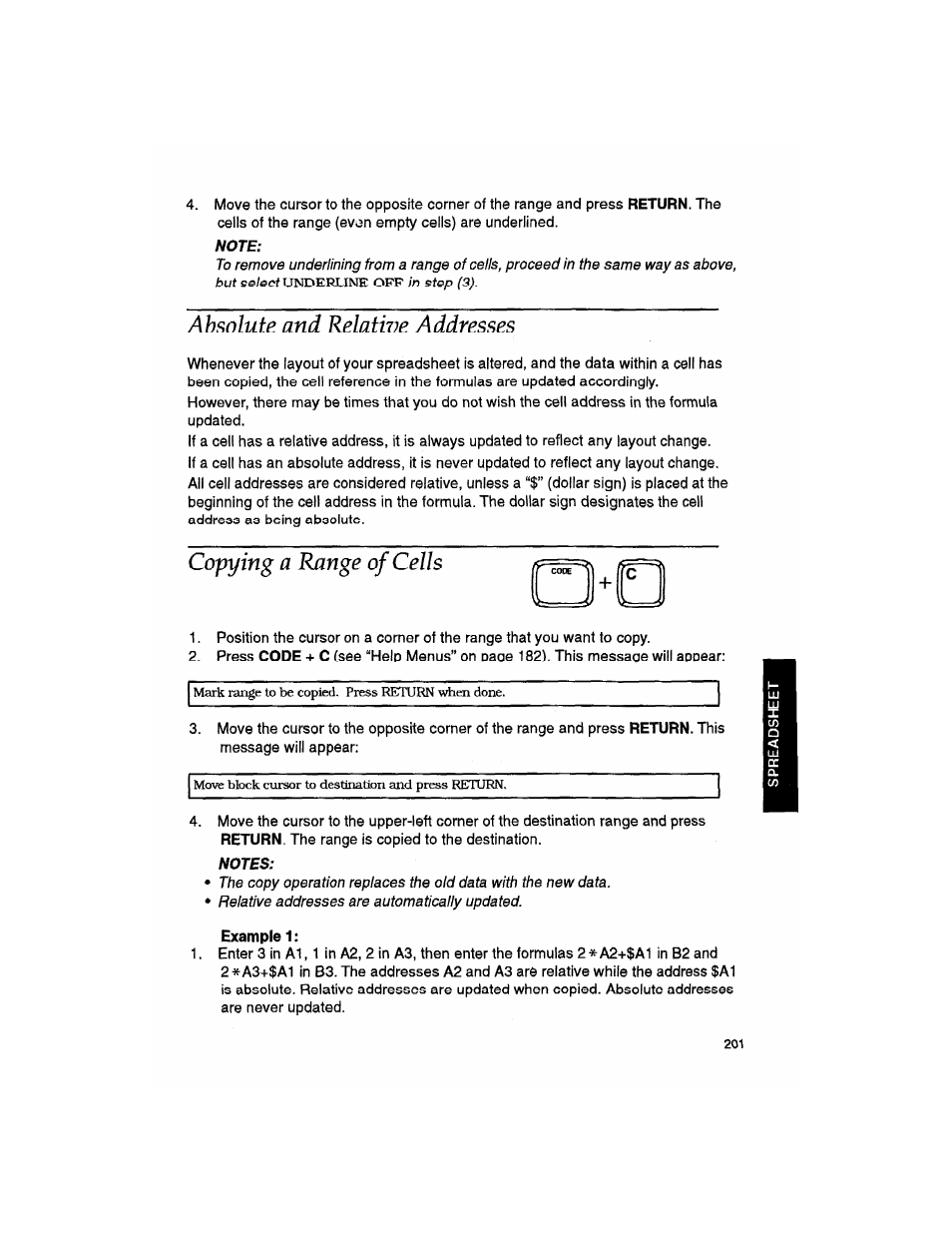 Note, Notes, Absolute and relative addresses | Copying a range of cells | Brother WP330MDS User Manual | Page 211 / 322