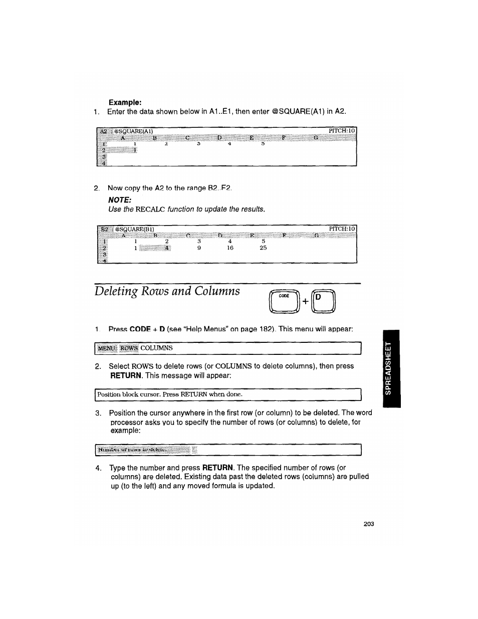 Note, Deleting rows and columns, Example | Select | Brother WP330MDS User Manual | Page 213 / 322
