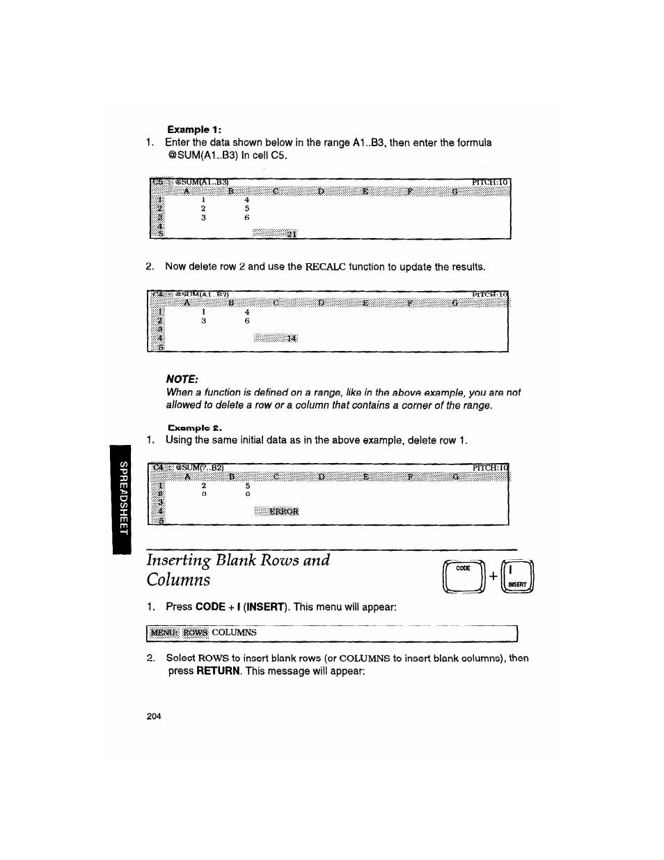 Note, Inserting blank rows and columns, Example 2 | Example 1, Press code + i (insert). this menu will appear | Brother WP330MDS User Manual | Page 214 / 322