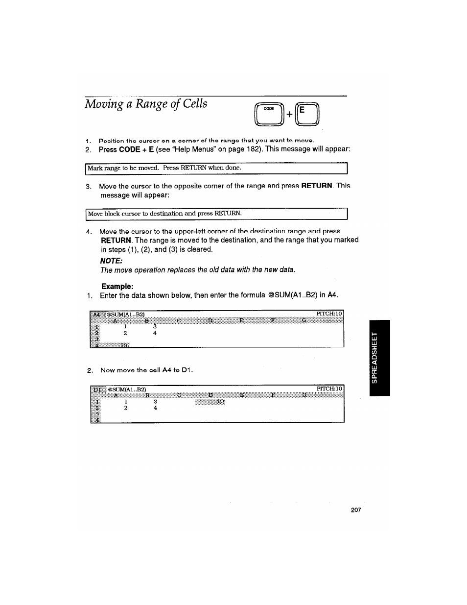 Moving a range of cells | Brother WP330MDS User Manual | Page 217 / 322