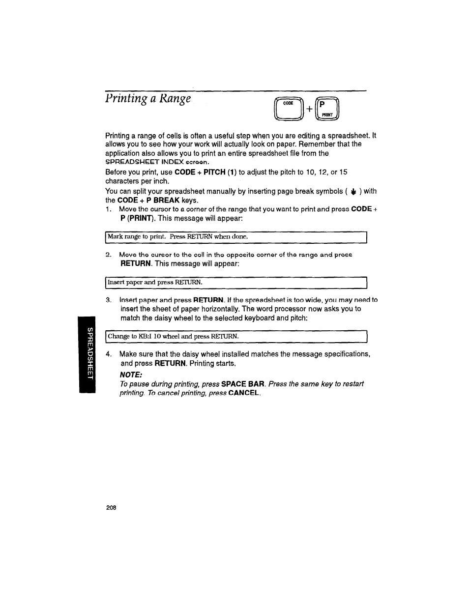 Printing a range, Note | Brother WP330MDS User Manual | Page 218 / 322