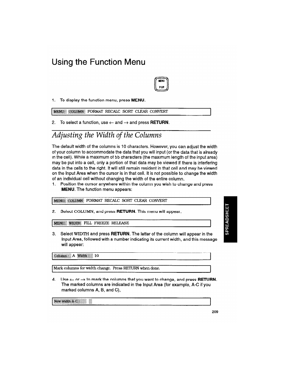 Using the function menu, Adjusting the width of the columns | Brother WP330MDS User Manual | Page 219 / 322