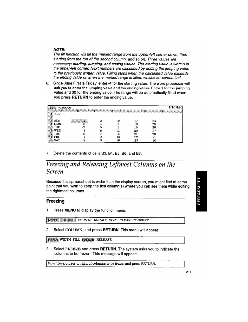 Note, Freezing, Fbeeize | Press menu to display the function menu | Brother WP330MDS User Manual | Page 221 / 322