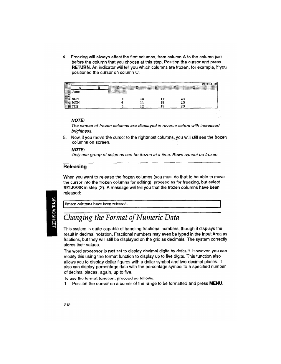 Releasing, Changing the format of numeric data | Brother WP330MDS User Manual | Page 222 / 322