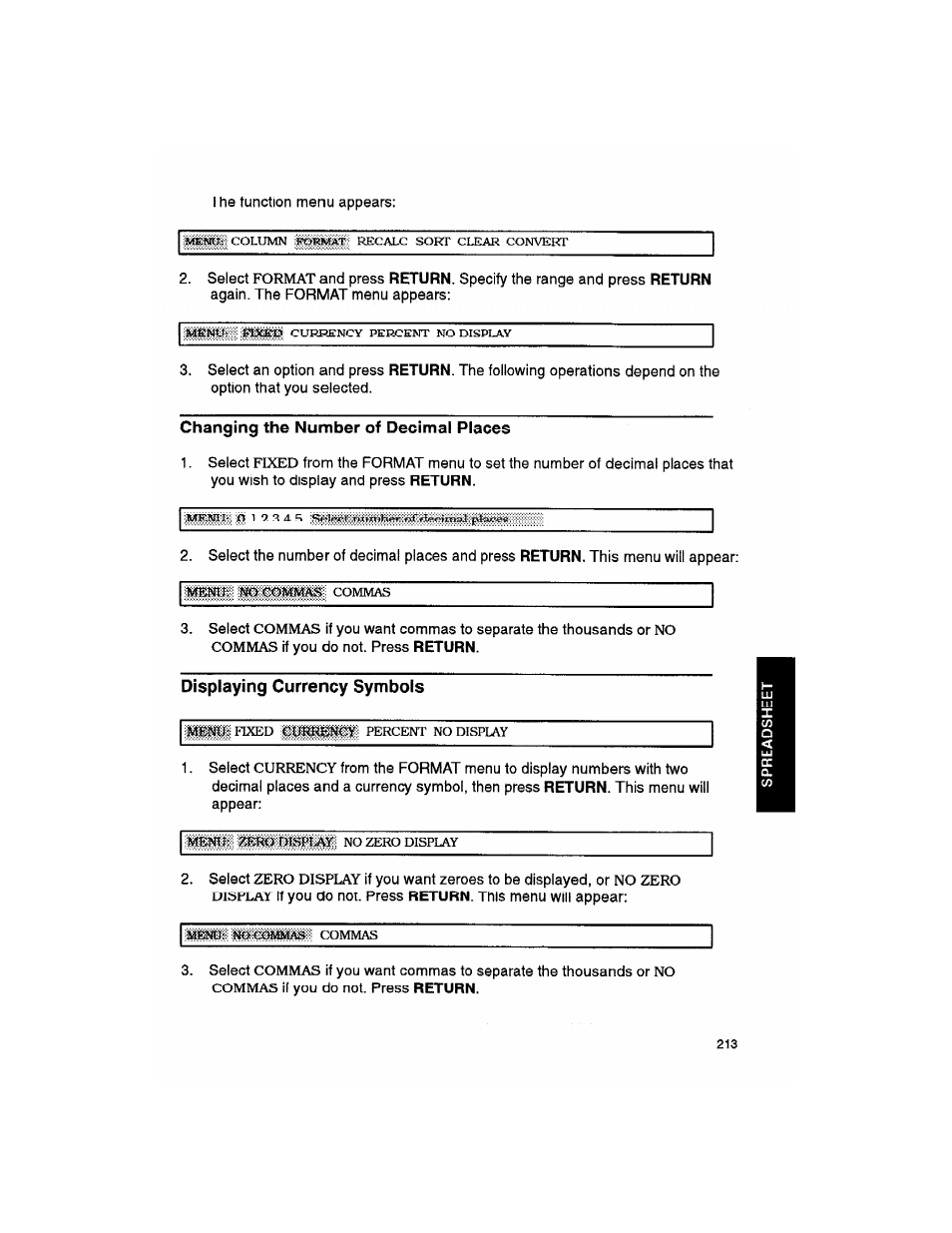 Changing the number of decimal places, Displaying currency symbols, Displaying currency oymbols | Brother WP330MDS User Manual | Page 223 / 322