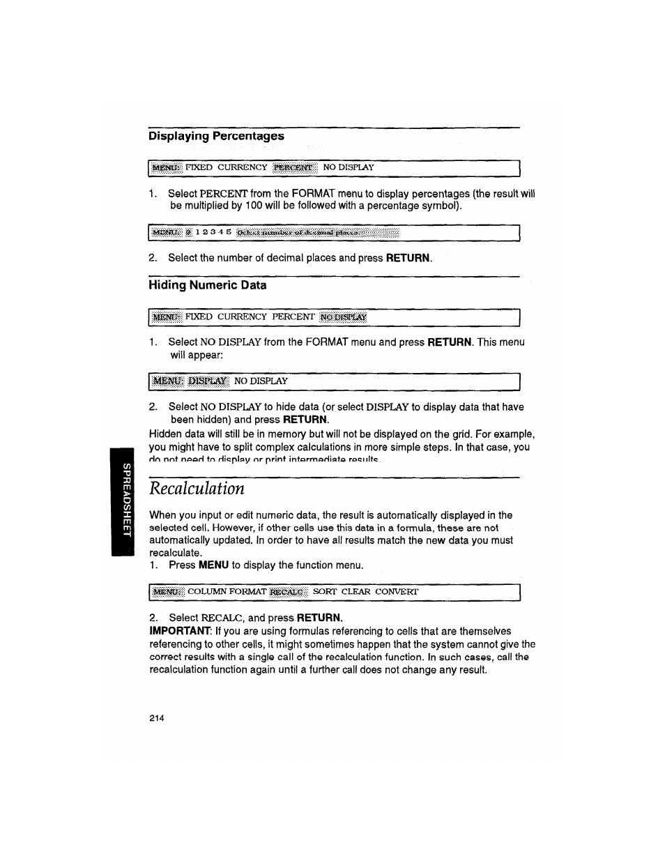 Displaying percentages, Hiding numeric data, Recalculation | Brother WP330MDS User Manual | Page 224 / 322