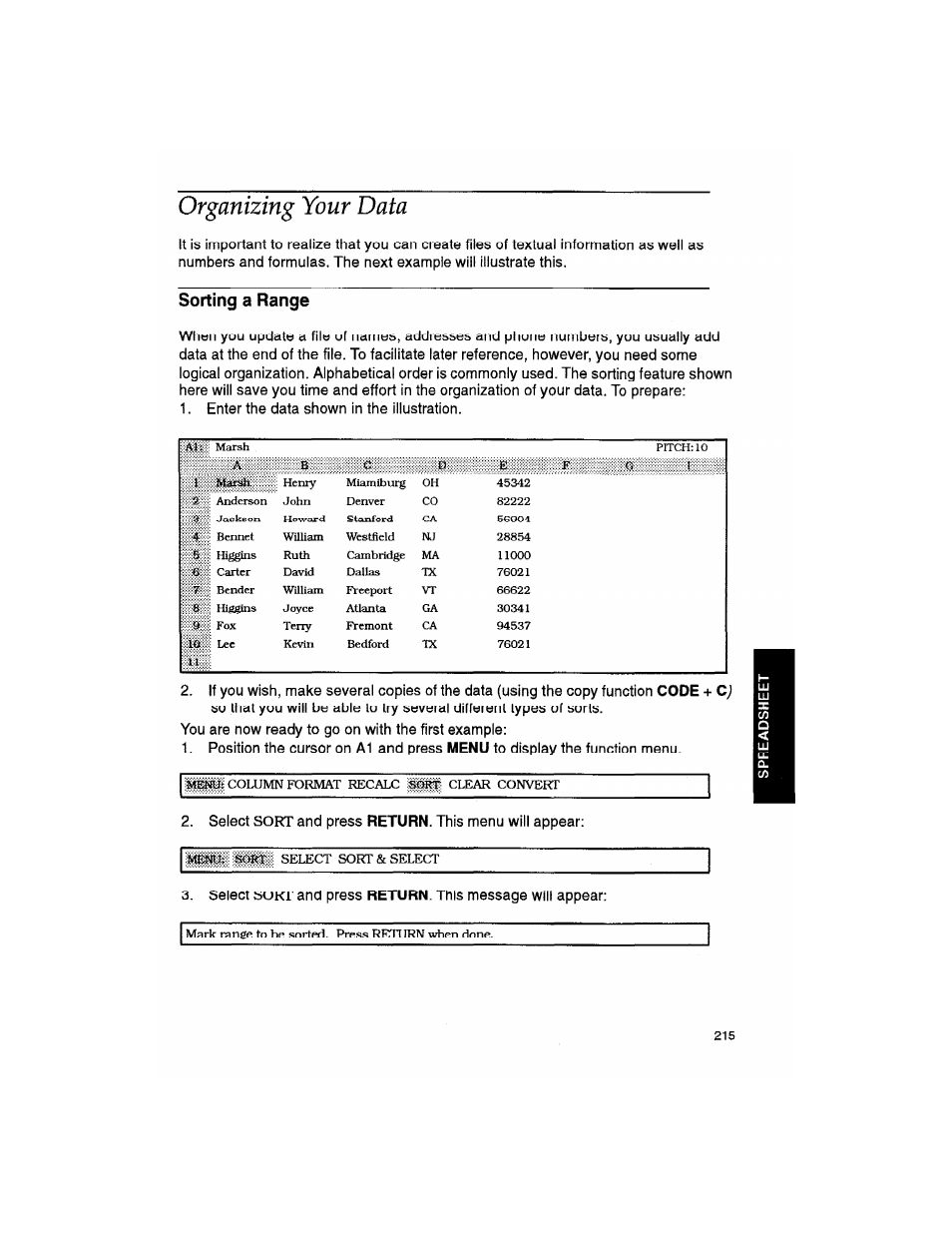 Organizing your data, Sorting a range, Update | Select, And press return. this message will appear | Brother WP330MDS User Manual | Page 225 / 322
