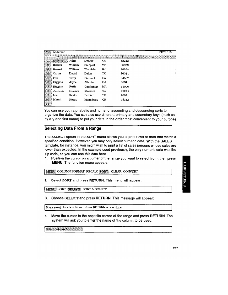 Selecting data from a range, Option in the, Return | Brother WP330MDS User Manual | Page 227 / 322