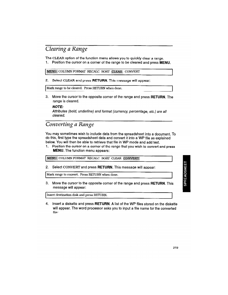 Clearing a range, Note, Converting a range | Brother WP330MDS User Manual | Page 229 / 322