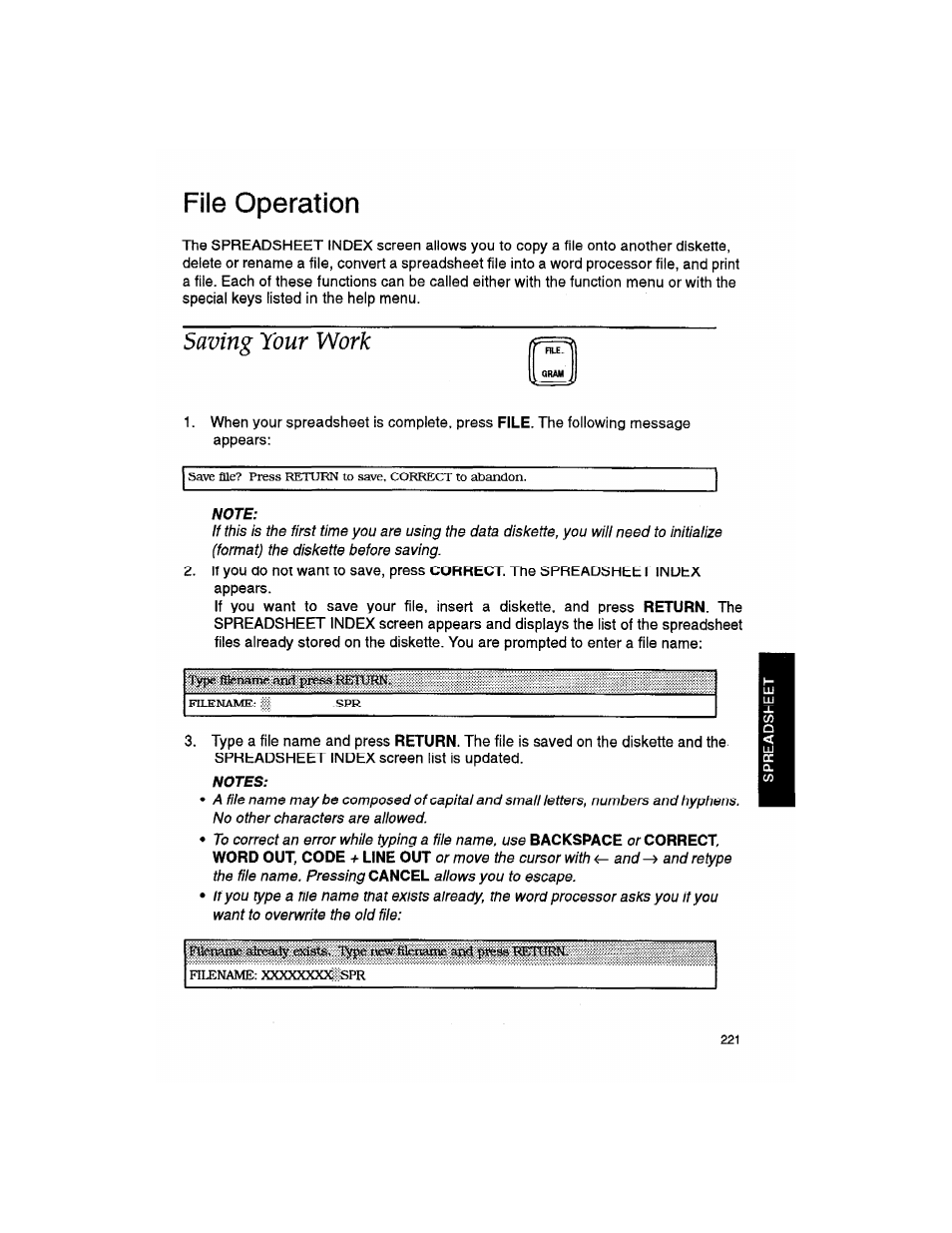 File operation, Saving your work, Note | Notes | Brother WP330MDS User Manual | Page 231 / 322