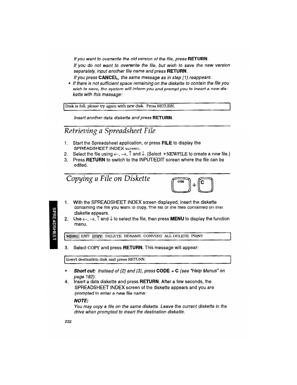 Retrieving a spreadsheet file, Copying a file on diskette | Brother WP330MDS User Manual | Page 232 / 322