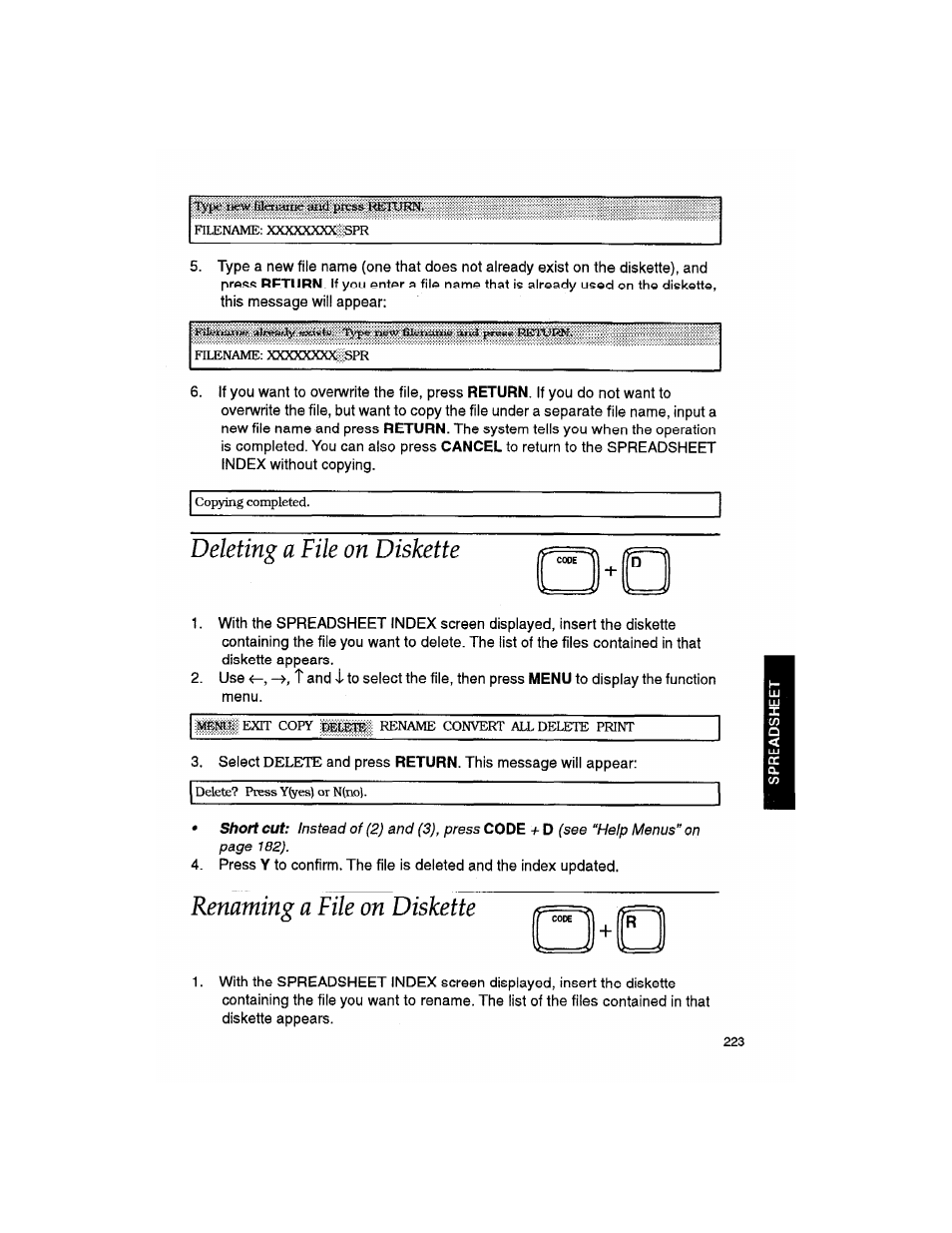 Deleting a file on diskette, Renaming a file on diskette, Deletiny a file on diskette | M^ - i | Brother WP330MDS User Manual | Page 233 / 322