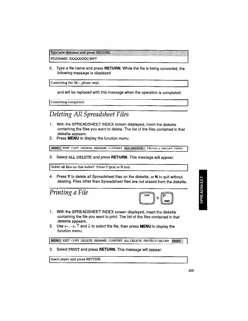 Deleting all spreadsheet files, Printing a file, Deleting ah spreadsheet files | Brother WP330MDS User Manual | Page 235 / 322