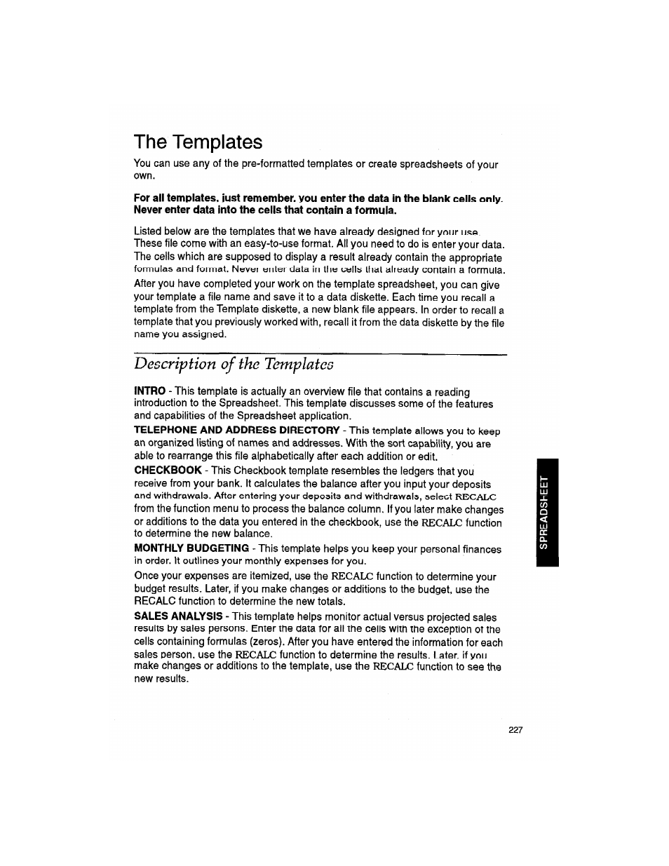 The templates, Description of the templates, The ternplatee | Description of the tomplatos | Brother WP330MDS User Manual | Page 237 / 322