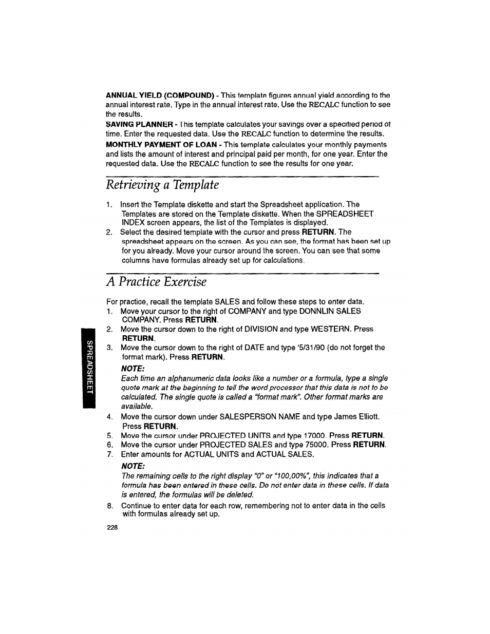 Note, Retrieving a template, A practice exercise | Brother WP330MDS User Manual | Page 238 / 322