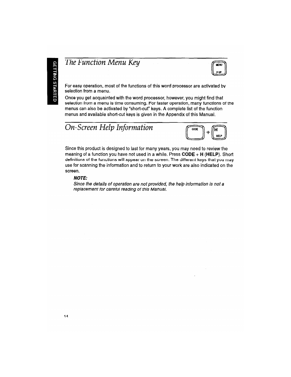 The tunction menu key, On-screen help information, Note | The function menu key | Brother WP330MDS User Manual | Page 24 / 322