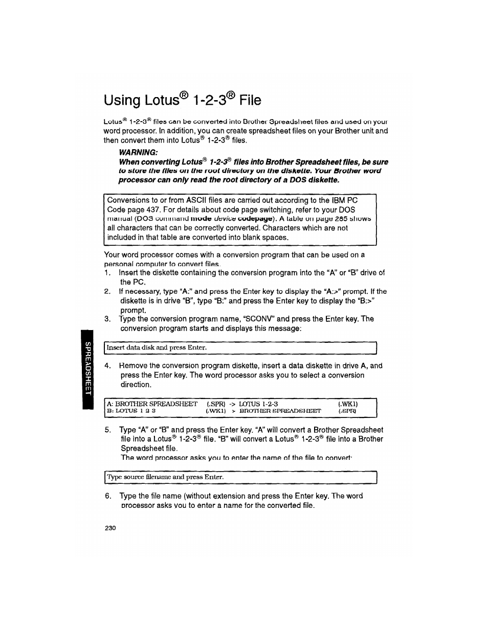 Warning, Using lotus® 1 -2-3'*^ file | Brother WP330MDS User Manual | Page 240 / 322