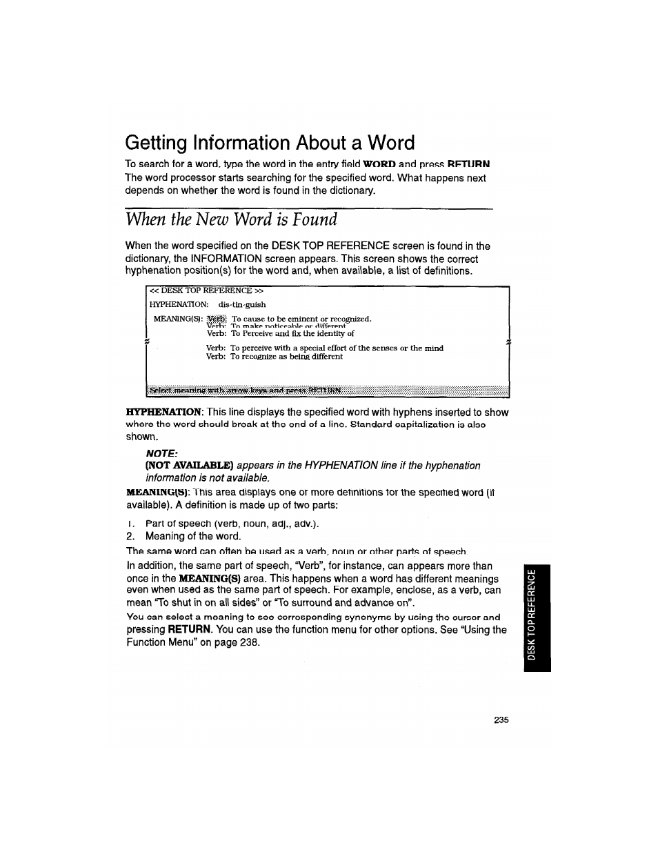 Getting information about a word, When the new word is found, Note | Hyphenation, Not available), Meaning(s) | Brother WP330MDS User Manual | Page 245 / 322