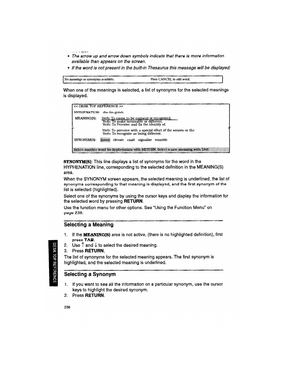 Selecting a meaning, Selecting a synonym, Synonymfs) | Mean1ng(s) | Brother WP330MDS User Manual | Page 246 / 322
