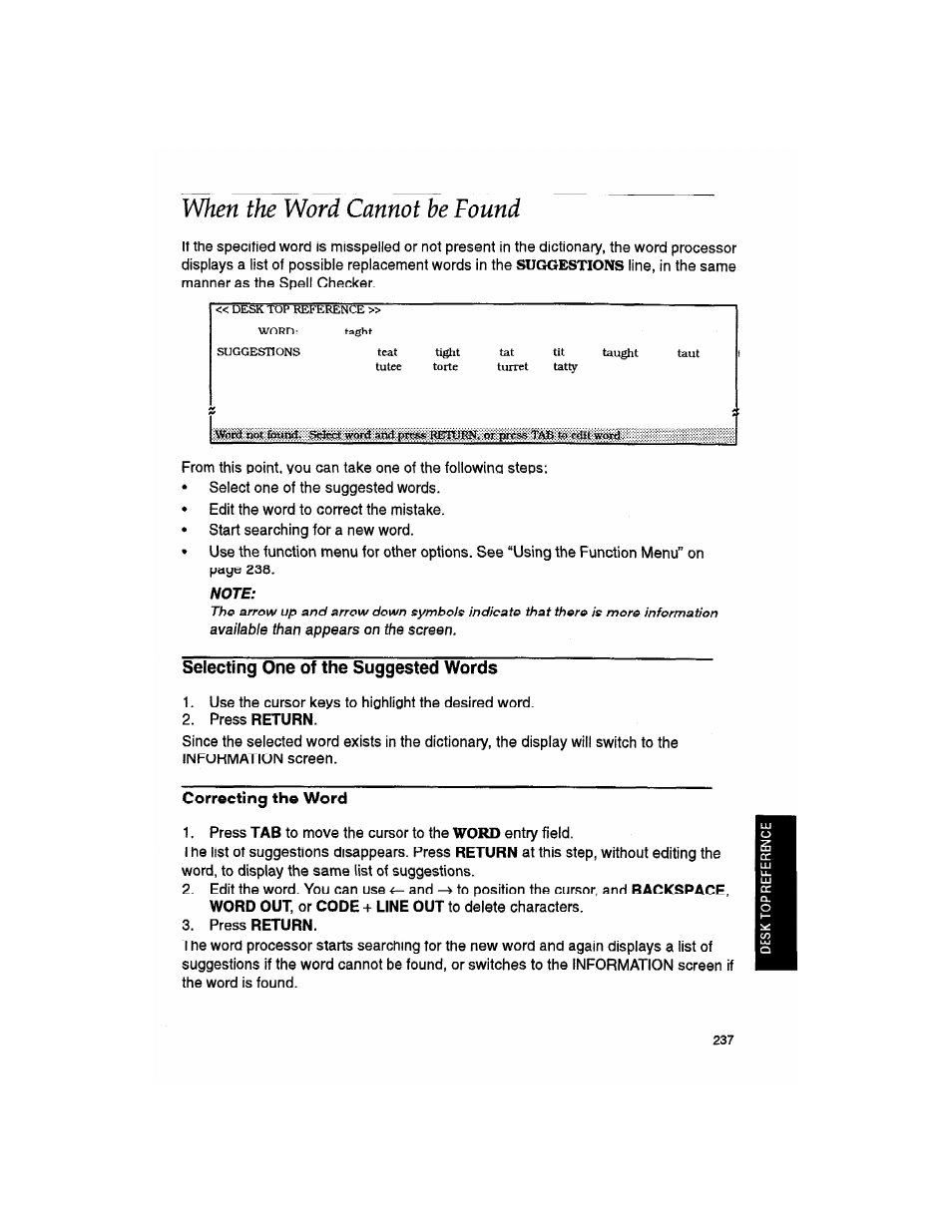 When the word cannot be found, Note, Selecting one of the suggested words | Correcting the word, Suggestions | Brother WP330MDS User Manual | Page 247 / 322