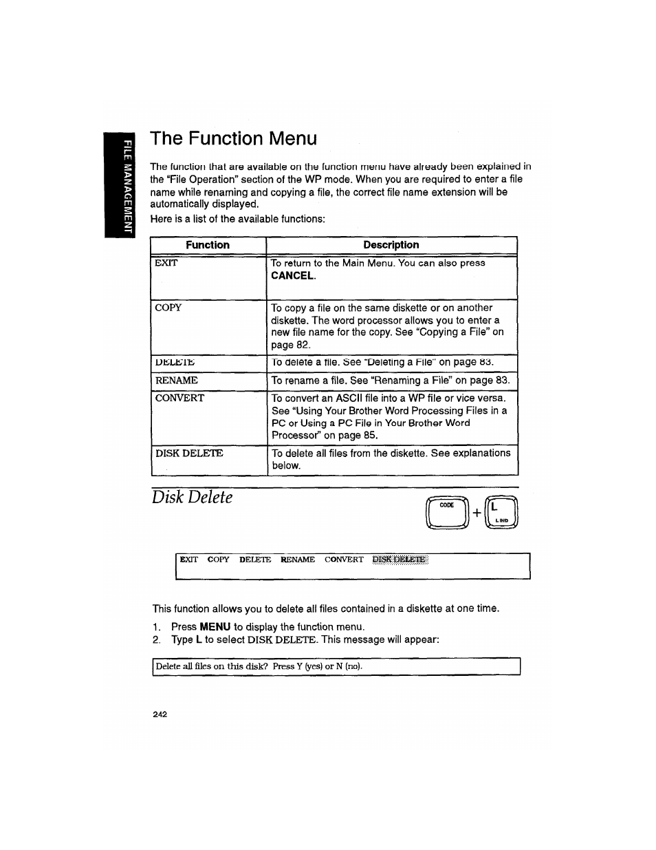 The function menu, Disk delete | Brother WP330MDS User Manual | Page 252 / 322