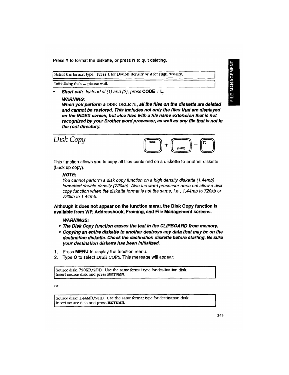 Disk copy | Brother WP330MDS User Manual | Page 253 / 322