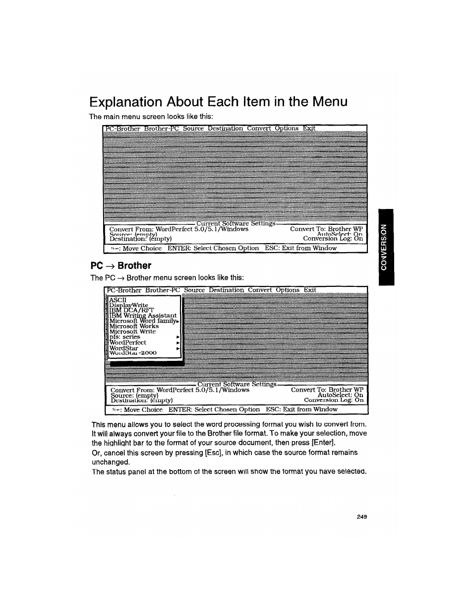 Explanation about each item in the menu, Pc ^ brother | Brother WP330MDS User Manual | Page 259 / 322