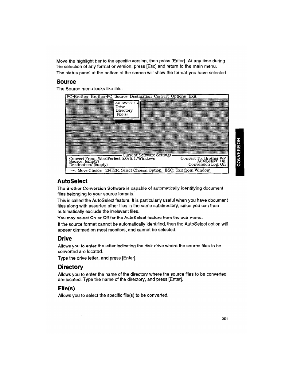 Source, Autoselect, Drive | Directory, File(s) | Brother WP330MDS User Manual | Page 261 / 322