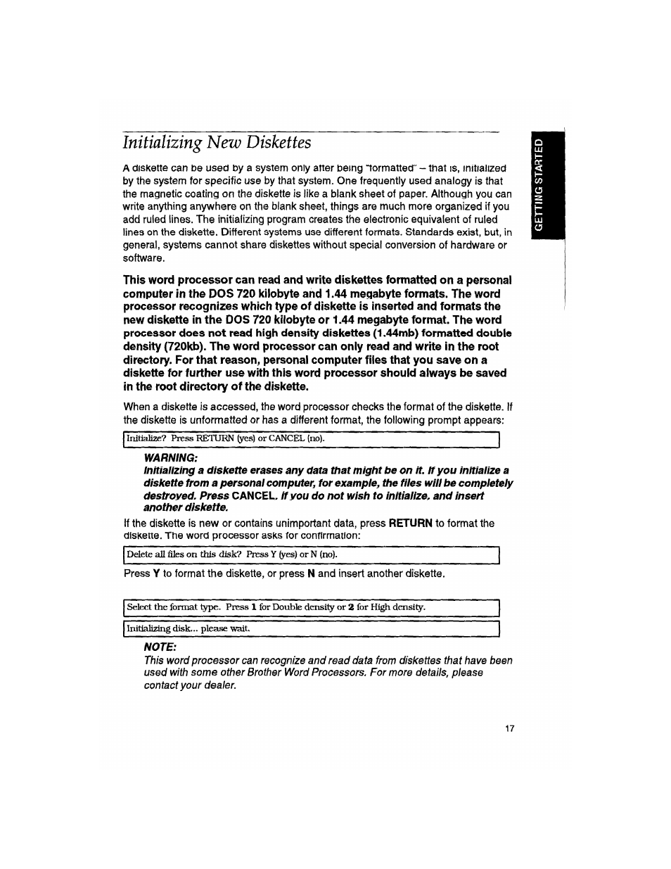 Initializing new diskettes, Warning, Note | Brother WP330MDS User Manual | Page 27 / 322