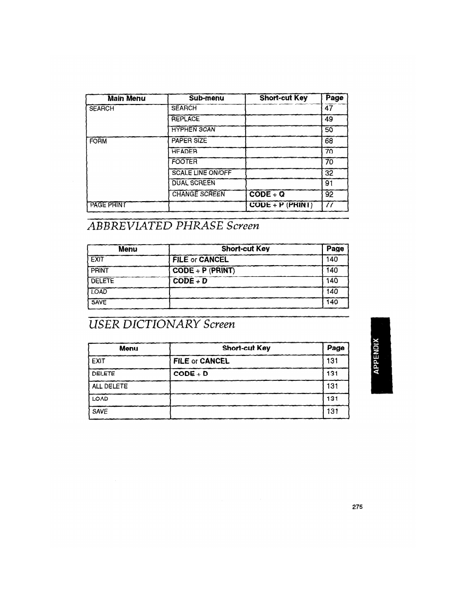 Abbreviated phrase screen, User dictionary screen, User dictiunary screen | Brother WP330MDS User Manual | Page 285 / 322