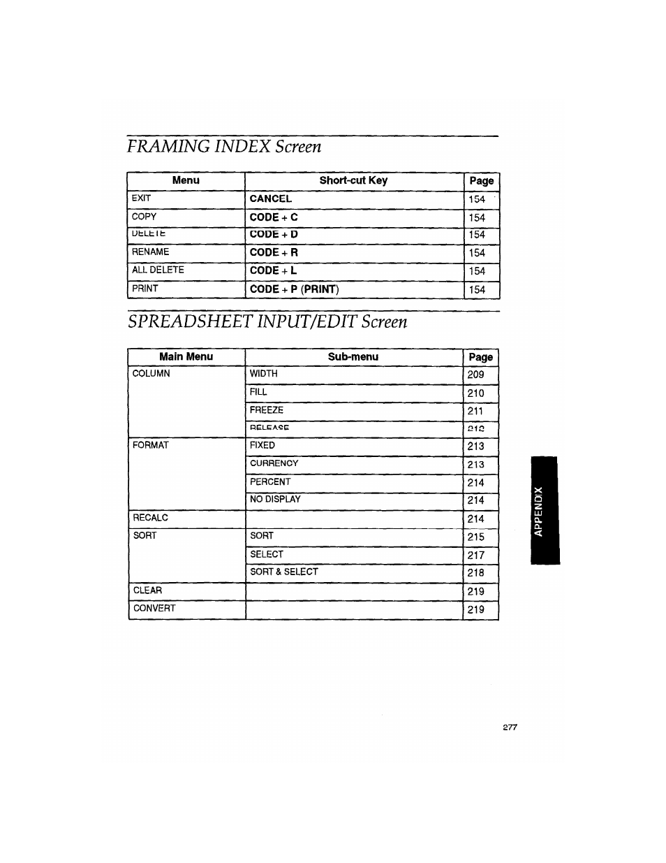 Spreadsheet input/edit screen, Framing index screen | Brother WP330MDS User Manual | Page 287 / 322