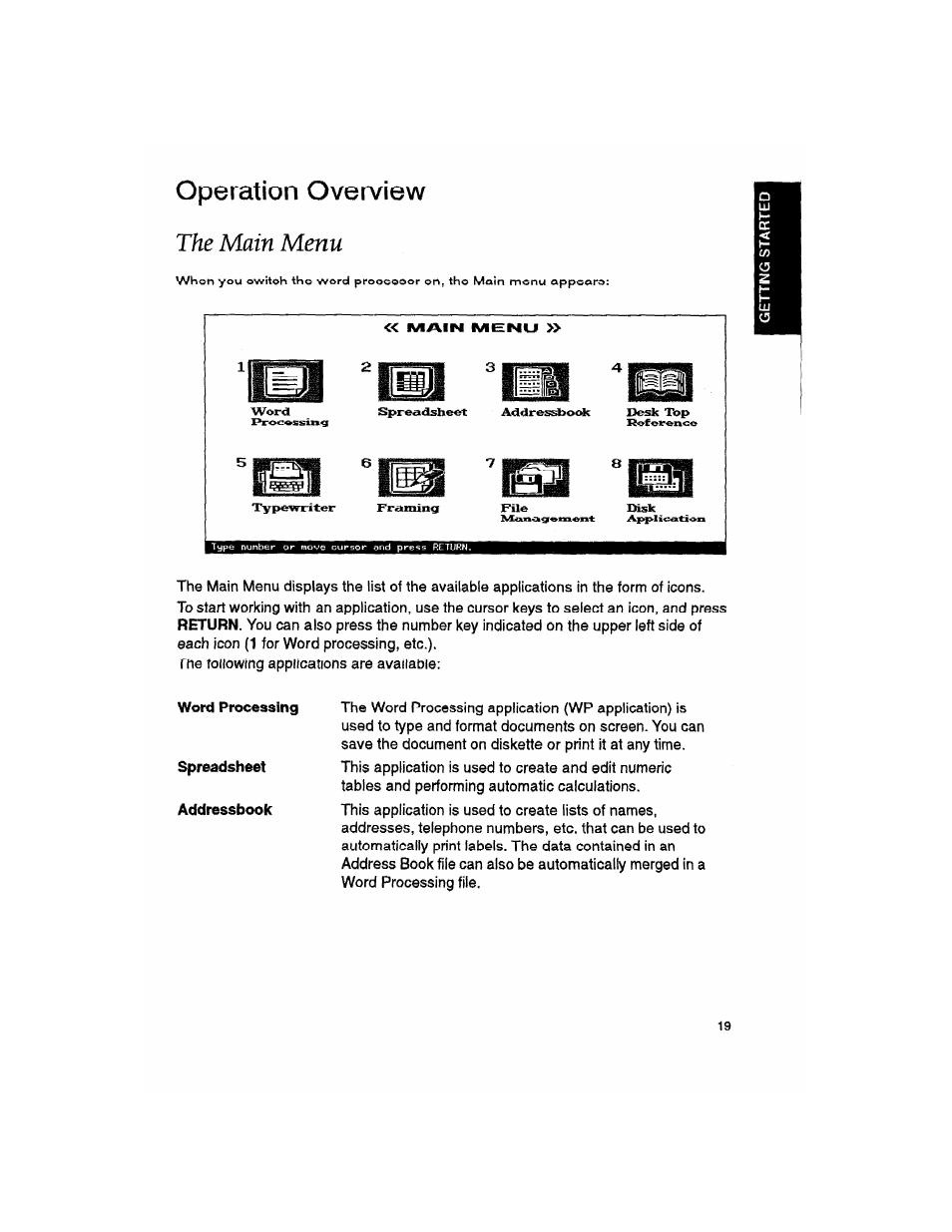 Operation overview, The main menu, 2 iiggin 3 m'gsgmi 4 | Brother WP330MDS User Manual | Page 29 / 322