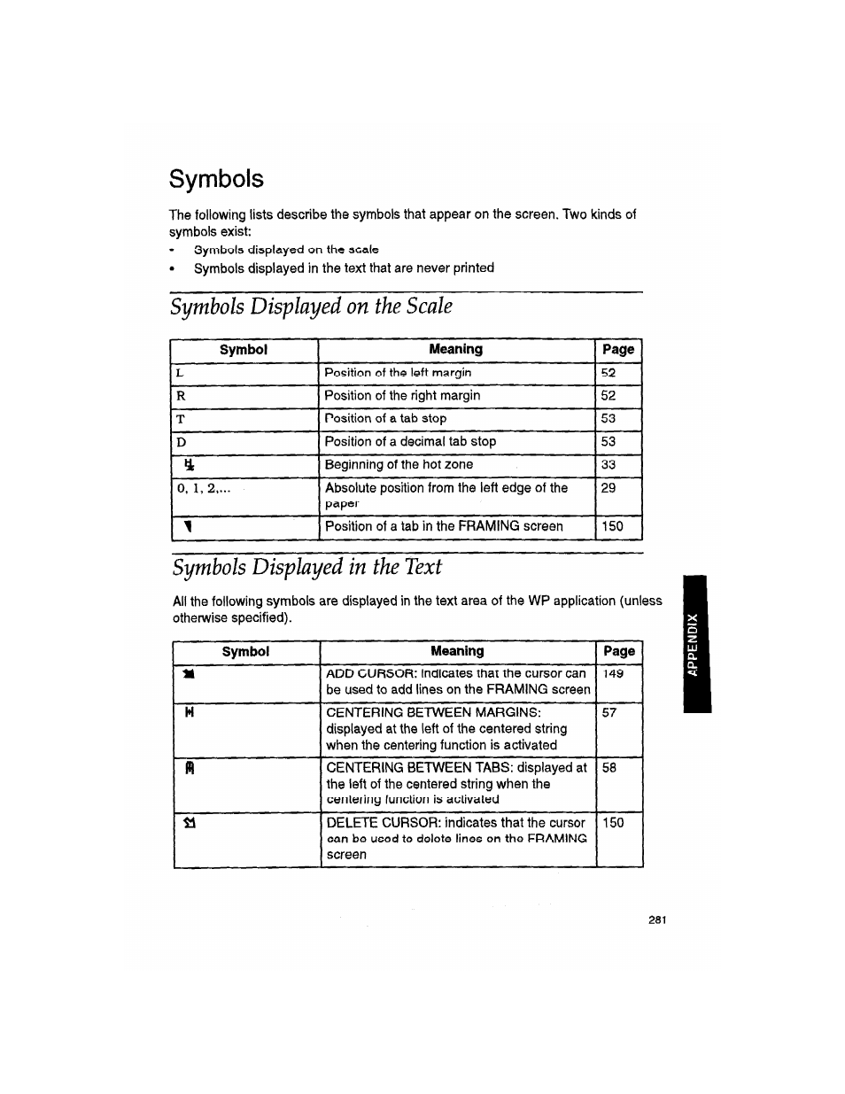 Symbols, Symbols displayed on the scale, Symbols displayed in the text | Brother WP330MDS User Manual | Page 291 / 322