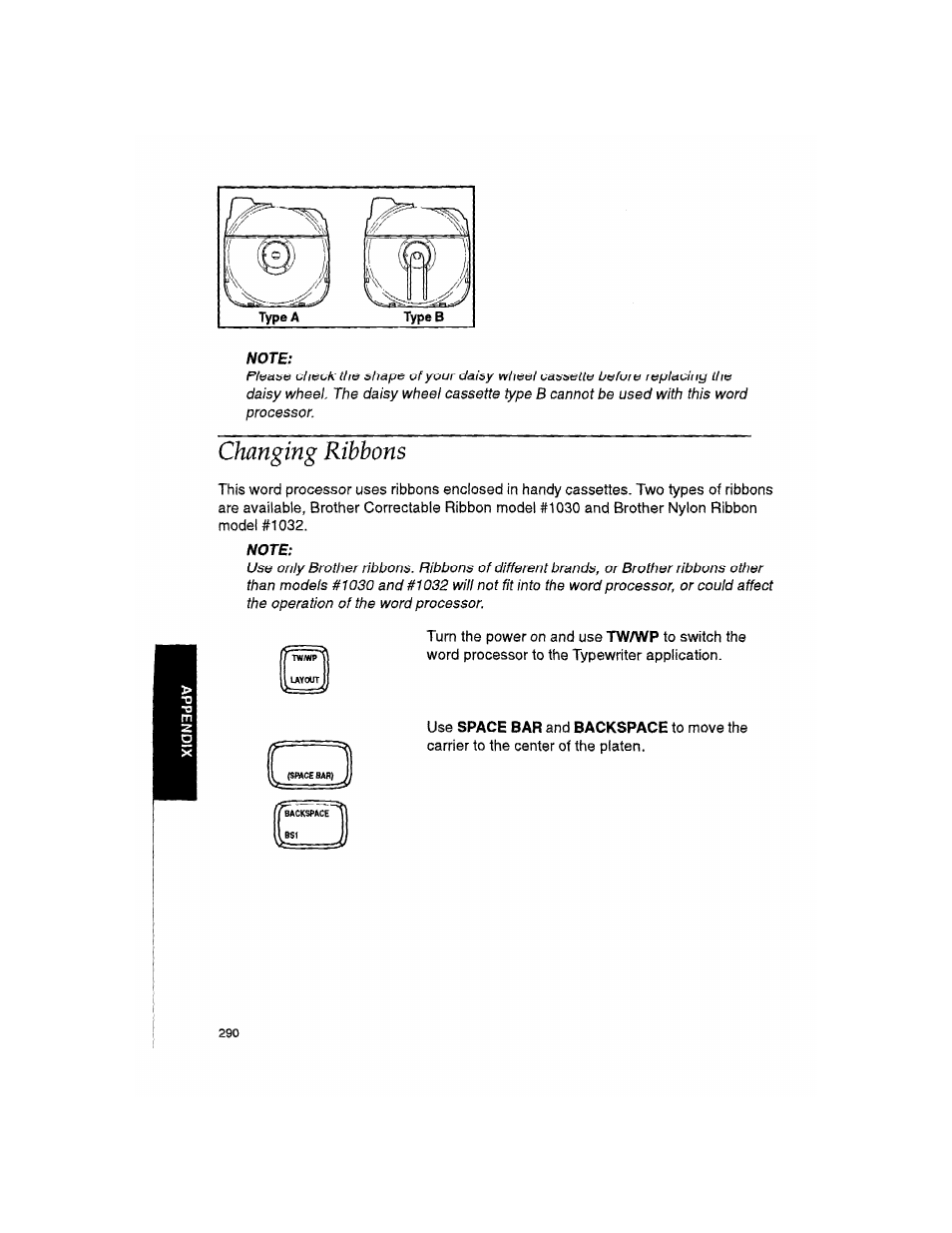 Note, Changing ribbons | Brother WP330MDS User Manual | Page 300 / 322
