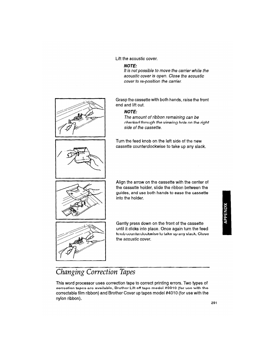 Note, Changing correction tapes | Brother WP330MDS User Manual | Page 301 / 322
