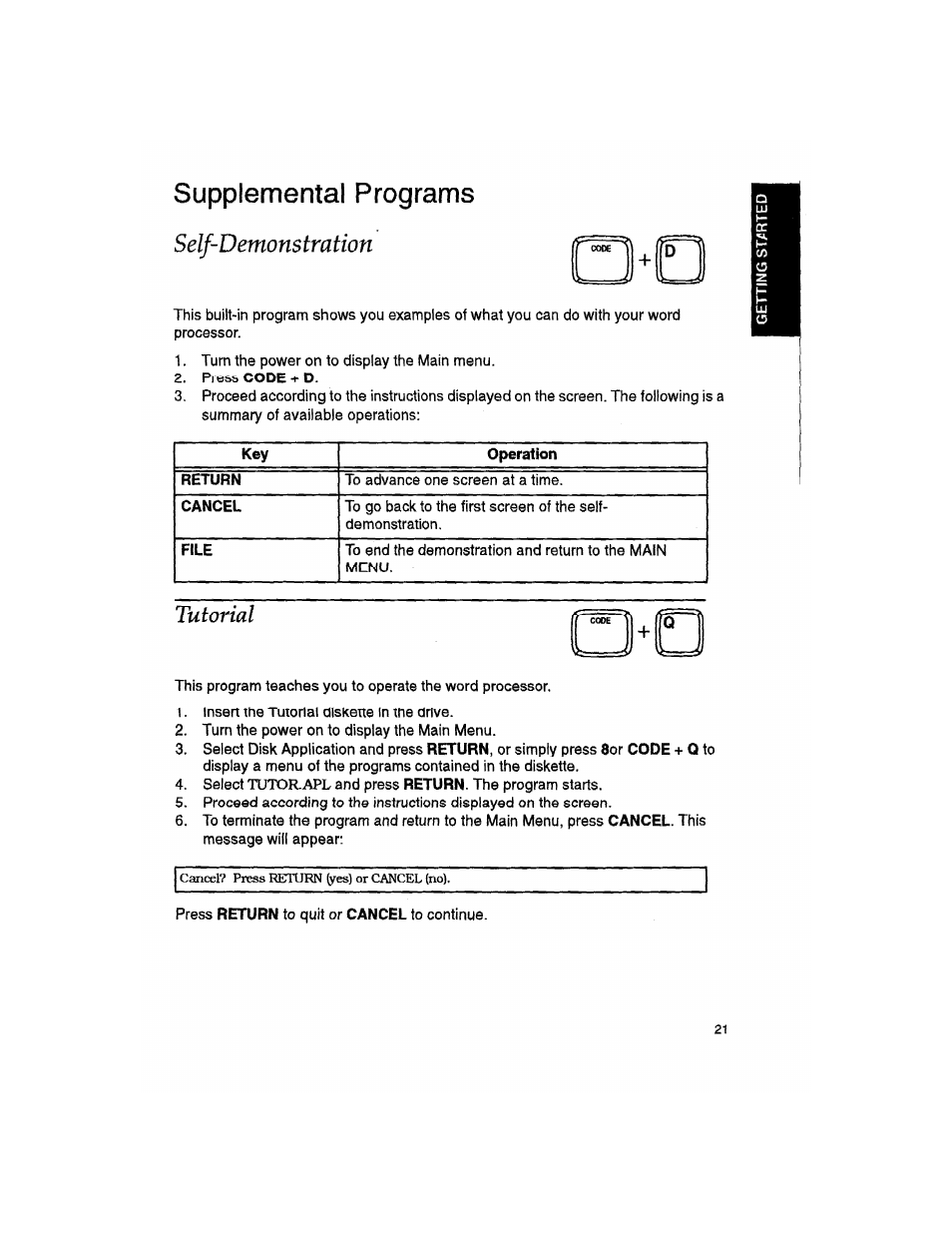Supplemental programs, Self-demonstration, Tutorial | Self-demonstration tutorial, Supplemental programs self-demonstration | Brother WP330MDS User Manual | Page 31 / 322