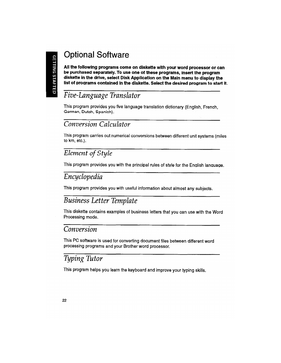 Optional software, Five-language translator, Conversion calculator | Element of style, Encyclopedia, Business letter template, Conversion, Typing tutor, Conversion calculaloi | Brother WP330MDS User Manual | Page 32 / 322