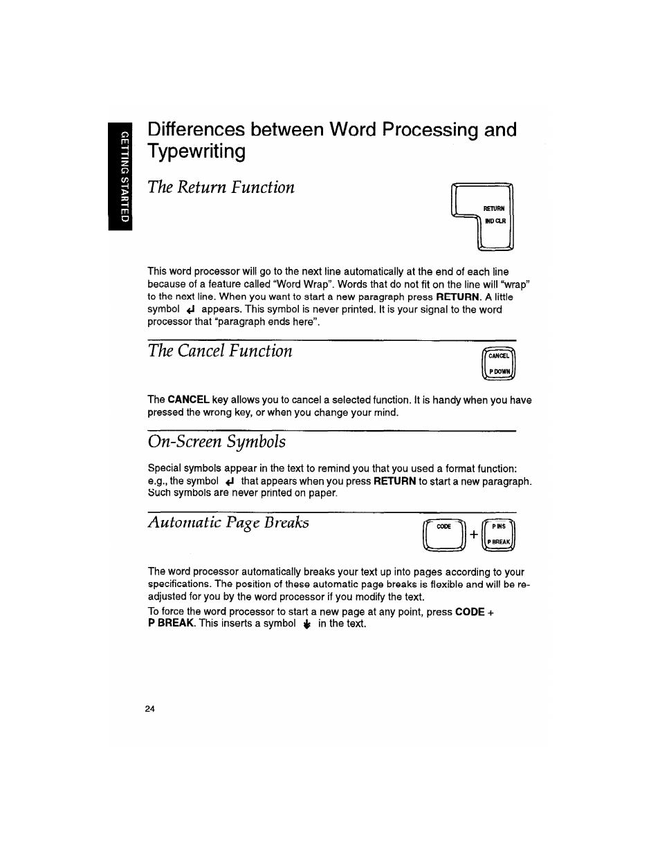 The return function, The cancel function, On-screen symbols | Automatic page breaks | Brother WP330MDS User Manual | Page 34 / 322