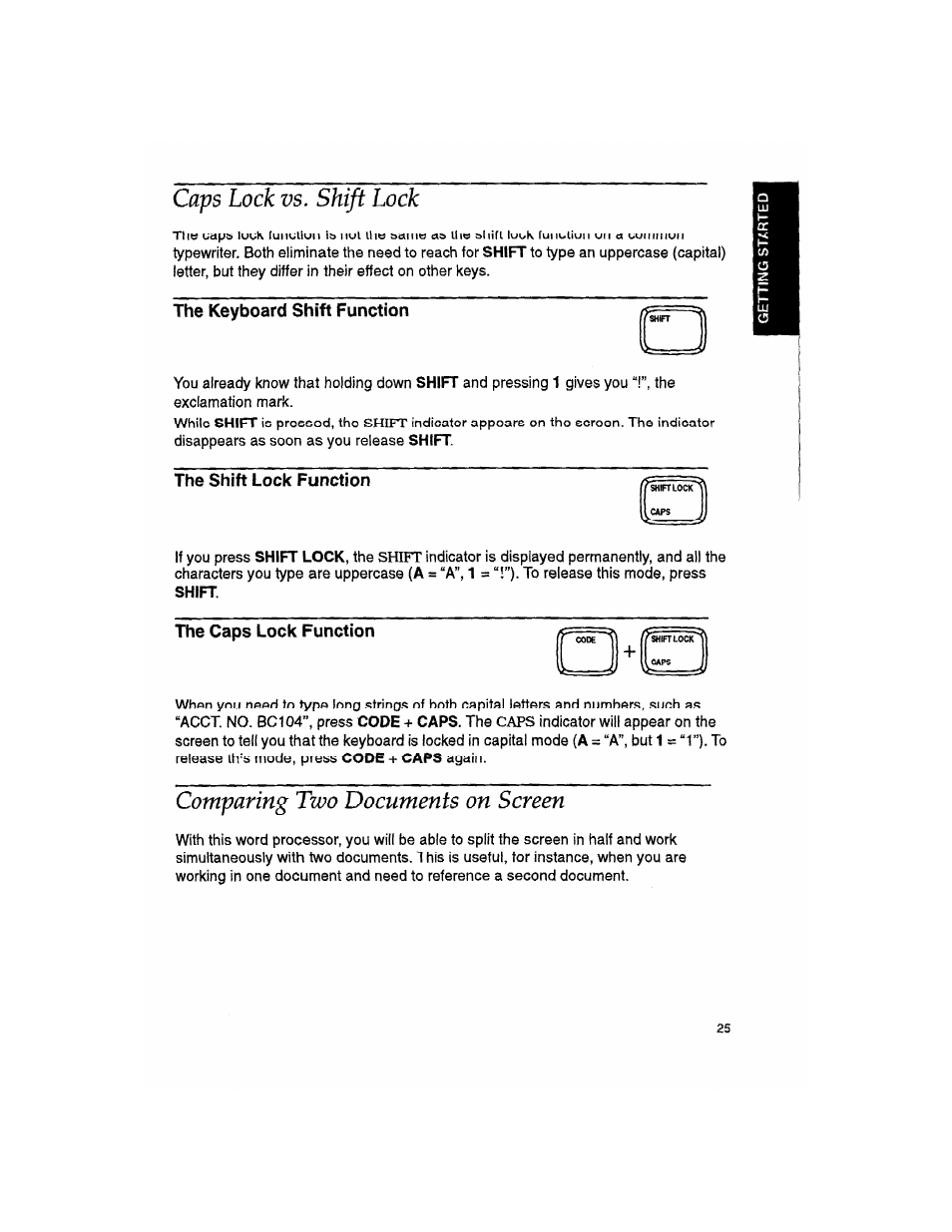 Caps lock vs. shift lock, The keyboard shift function, The shift lock function | The caps lock function, Comparing two documents on screen | Brother WP330MDS User Manual | Page 35 / 322