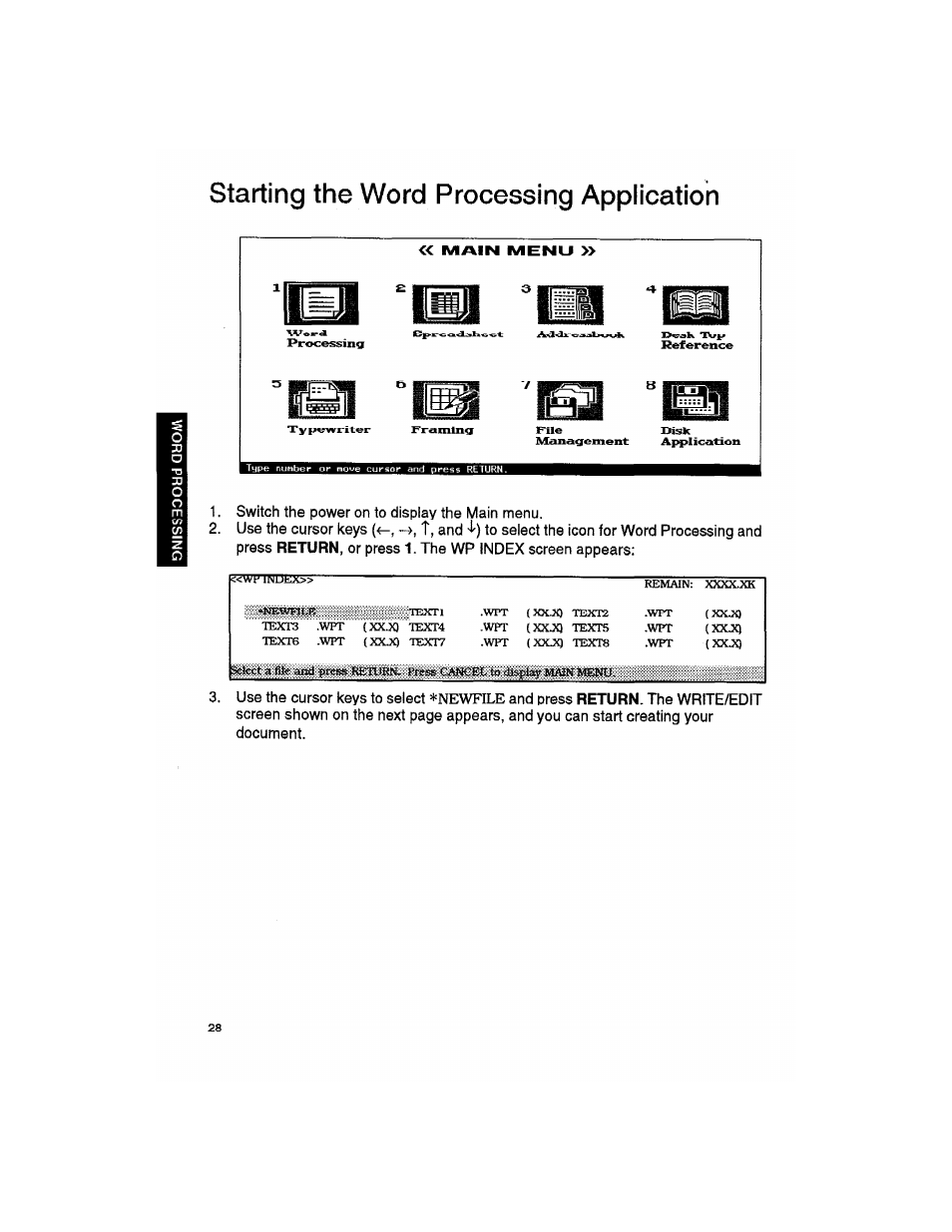 Starting the word processing application, Starting the word processing appiication, Word | Switch the power on to display the main menu, Use the cursor keys | Brother WP330MDS User Manual | Page 38 / 322