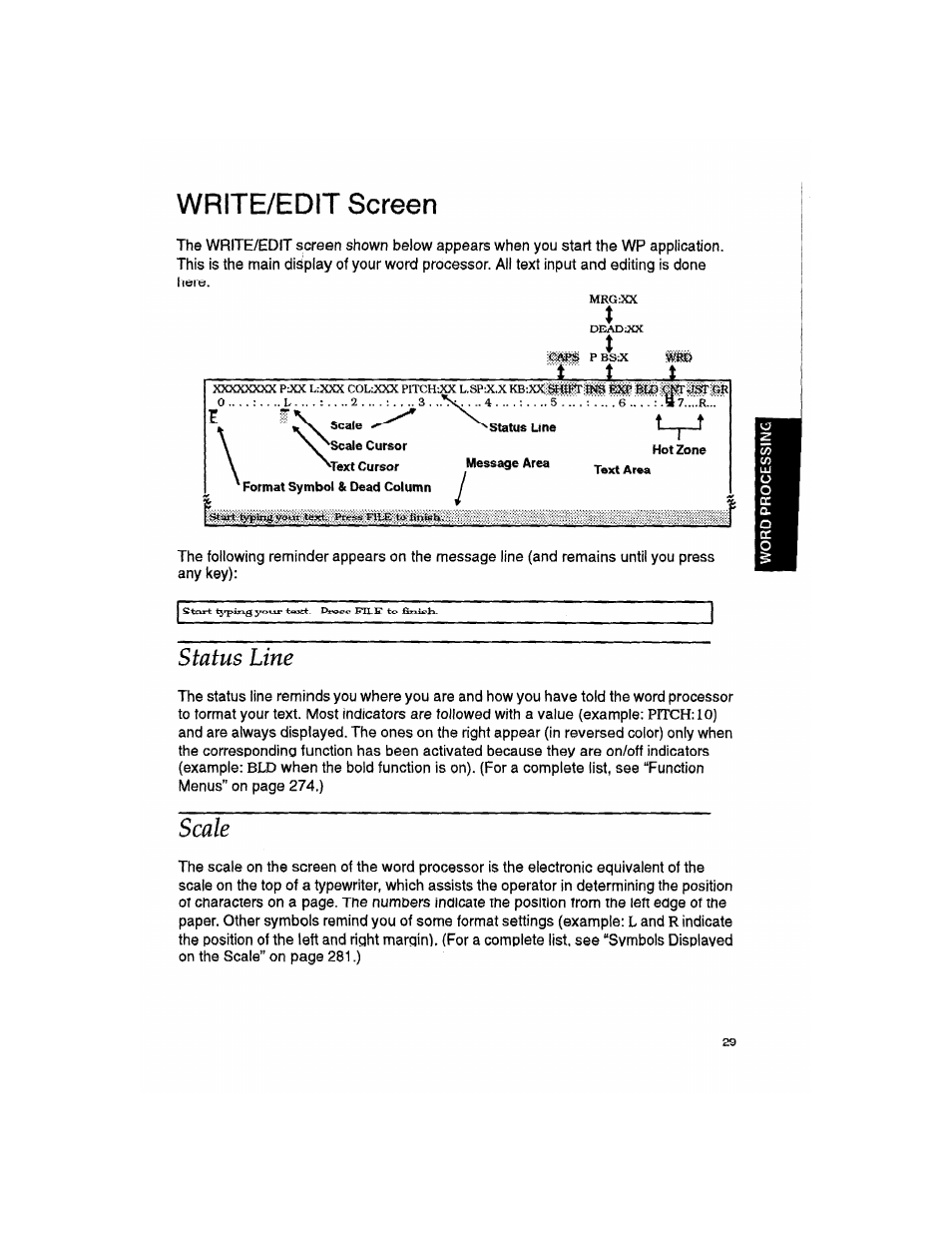 Write/edit screen, Status line, Scale | Brother WP330MDS User Manual | Page 39 / 322