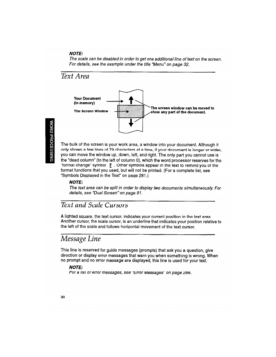 Note, Text area, Text and scale cursors | Message line | Brother WP330MDS User Manual | Page 40 / 322