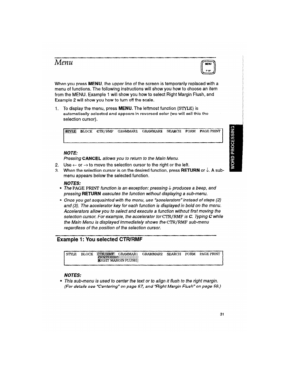 Menu, Note, Notes | Example 1: you selected ctr/rmf | Brother WP330MDS User Manual | Page 41 / 322