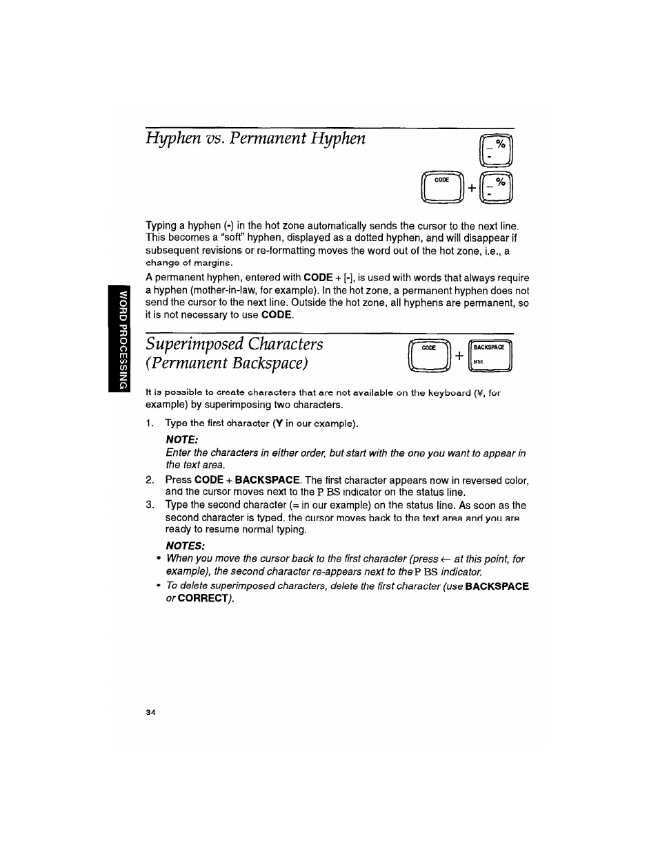 Hyphen vs. permanent hyphen, Superimposed characters (permanent backspace), Note | Notes | Brother WP330MDS User Manual | Page 44 / 322