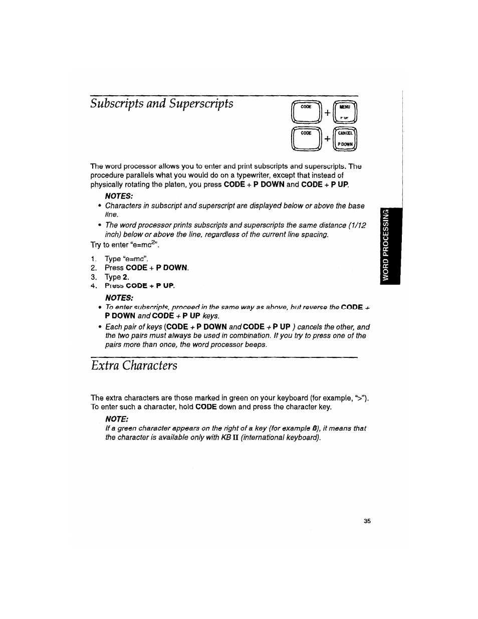 Subscripts and superscripts, Notes, Extra characters | Note | Brother WP330MDS User Manual | Page 45 / 322