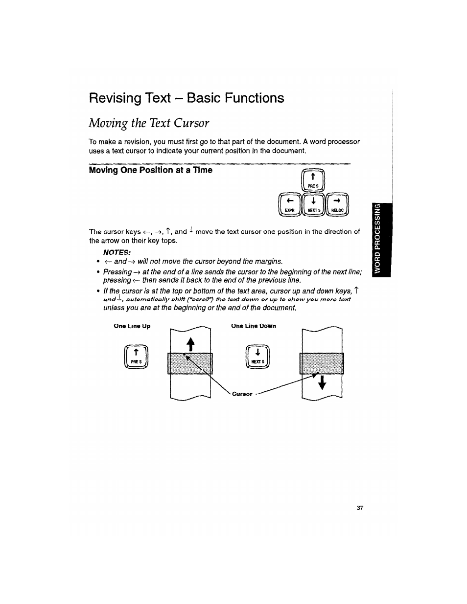 Revising text - basic functions, Moving the text cursor, Moving one position at a time | Notes | Brother WP330MDS User Manual | Page 47 / 322