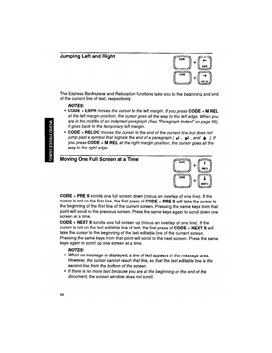 Jumping left and right, Notes, Moving one fuii screen at a time | Moving one full screen at, Time | Brother WP330MDS User Manual | Page 48 / 322