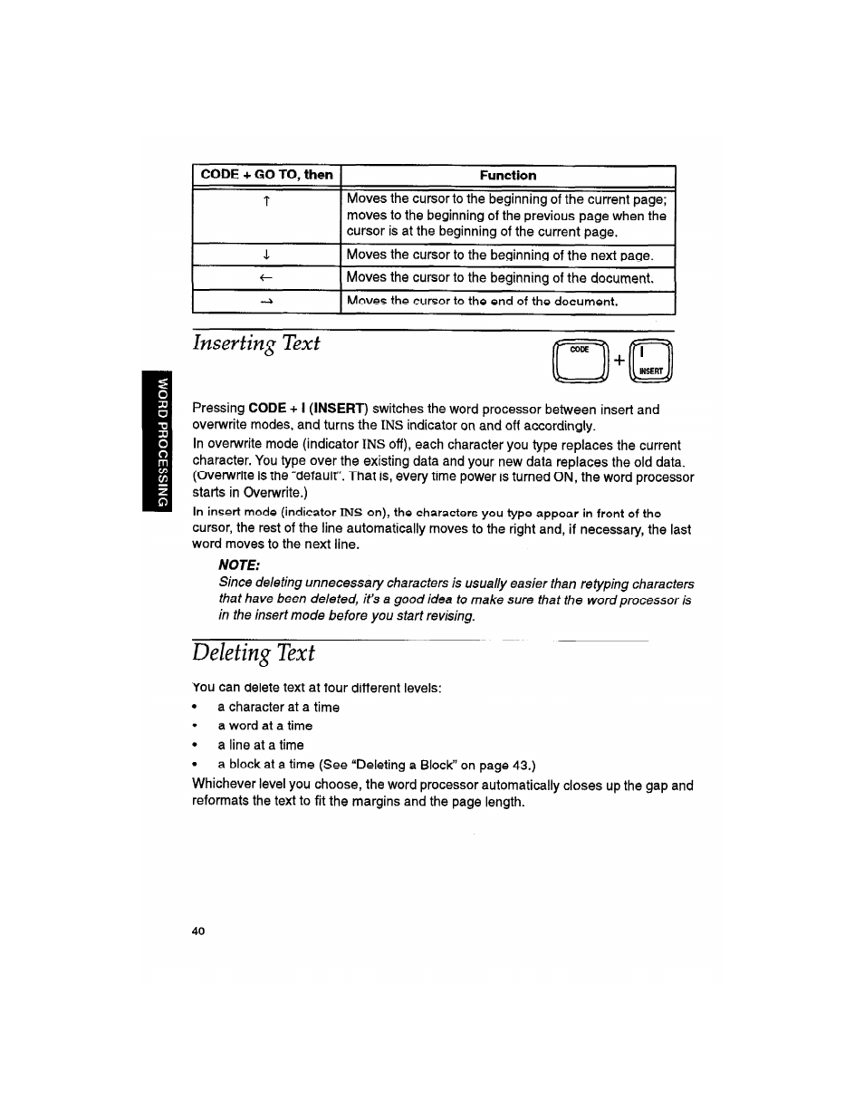 Inserting text, Note, Deleting text | Brother WP330MDS User Manual | Page 50 / 322
